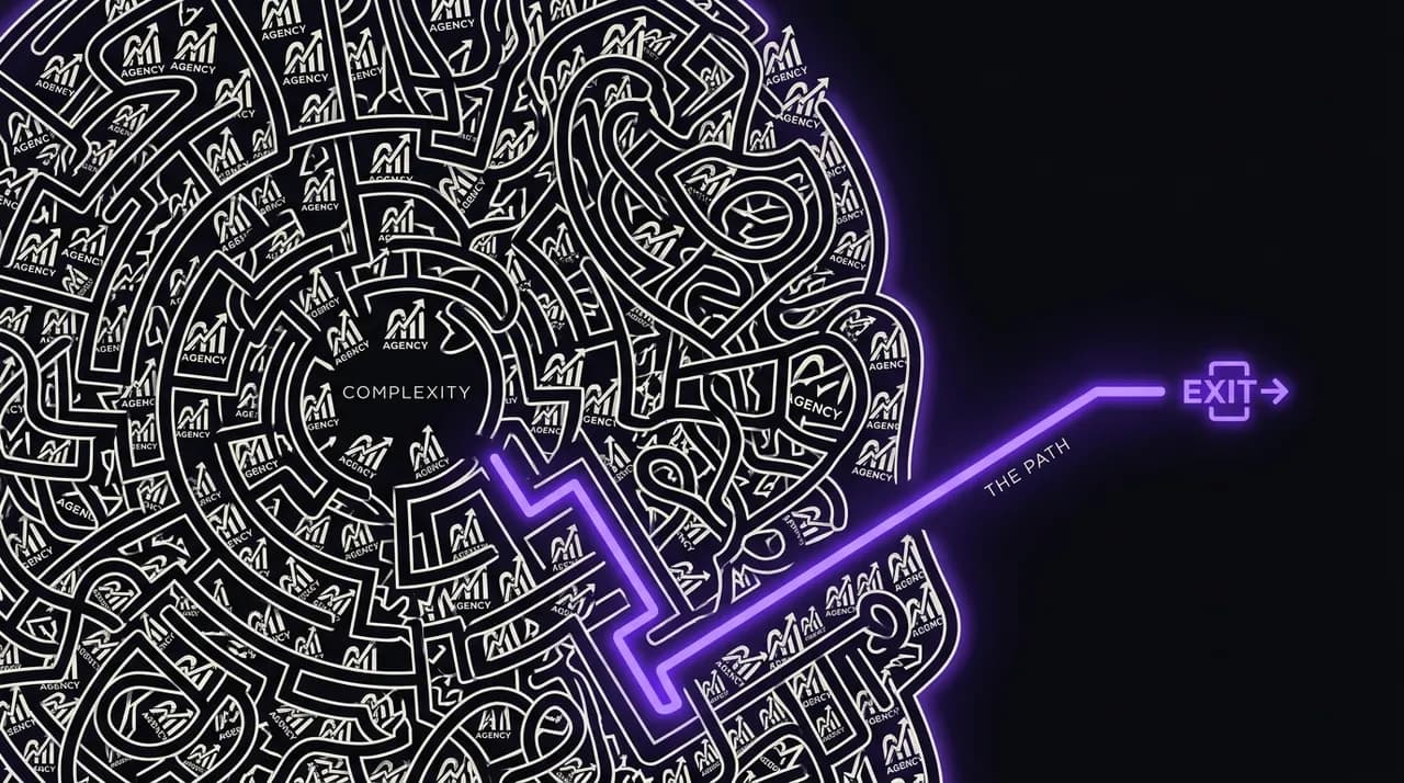 tangled maze of identical agency logos with one clear violet exit path glowing