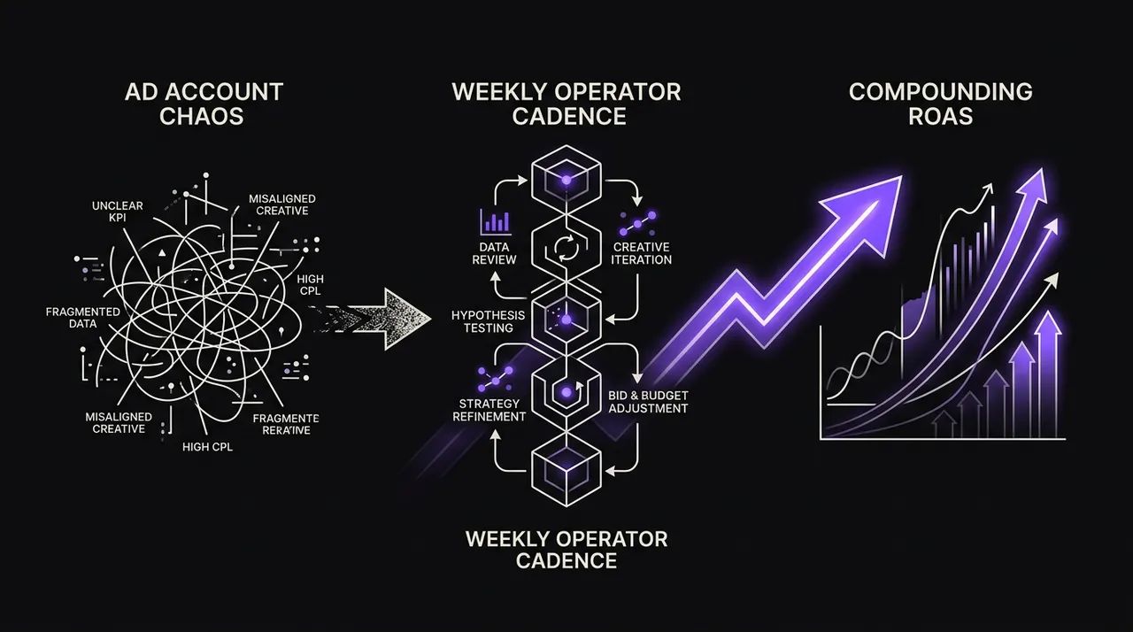 flow diagram from 'ad account chaos' through 'weekly operator cadence' to 'compounding ROA