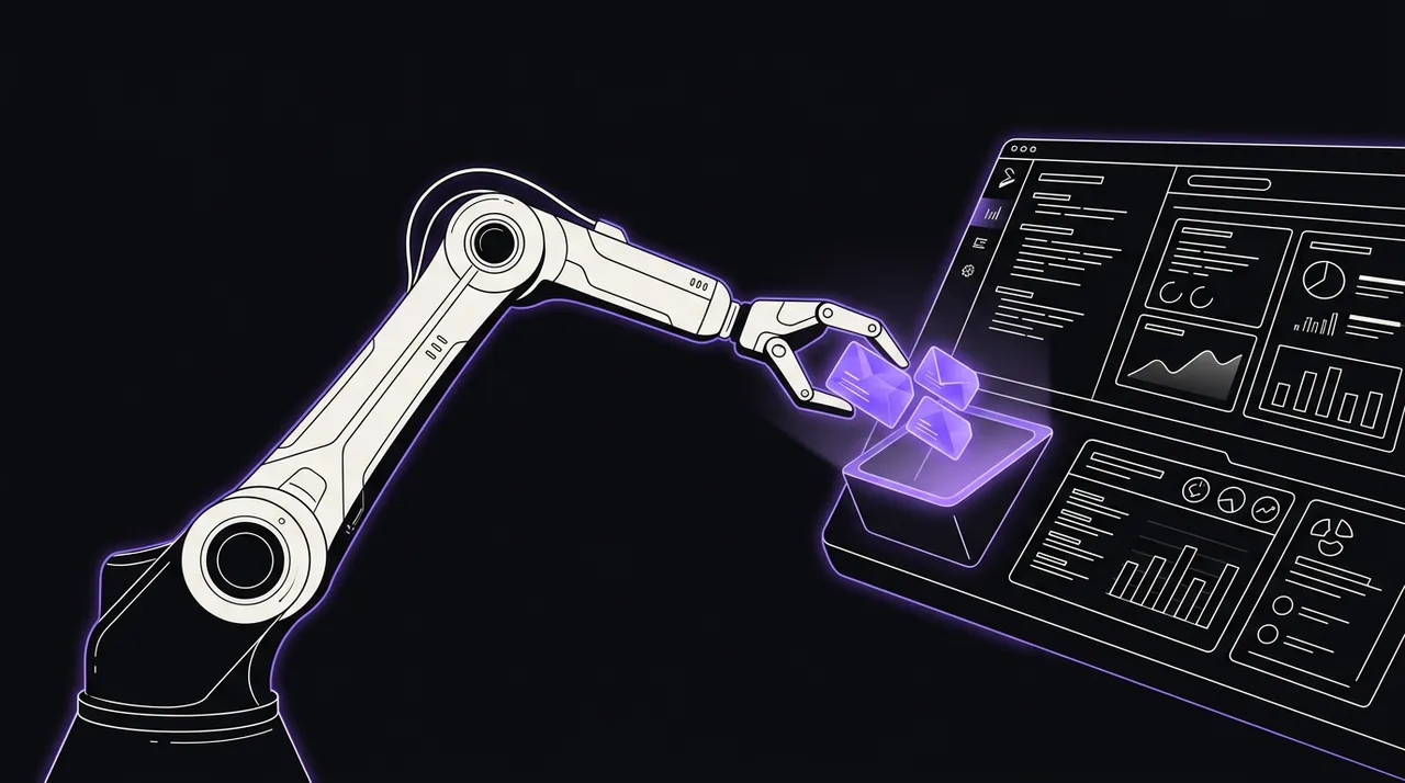 robotic arm handing off glowing campaign tasks to a calm operator dashboard