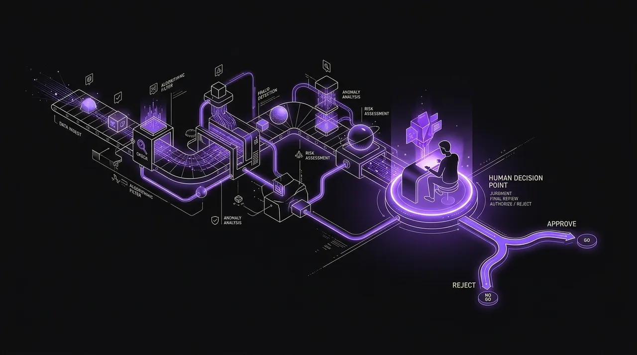assembly line of automated checks feeding a human decision point highlighted in violet