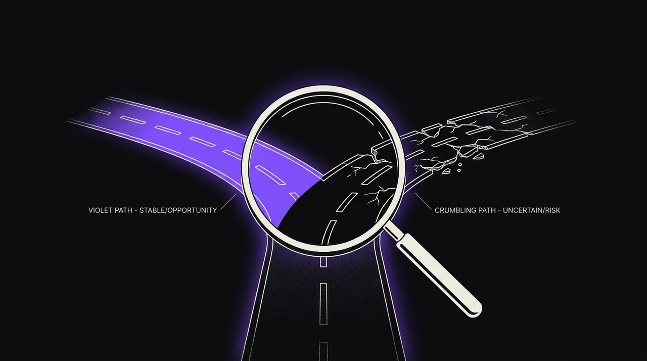 magnifying glass over a fork in a dark road, one path violet and clean, one crumbling