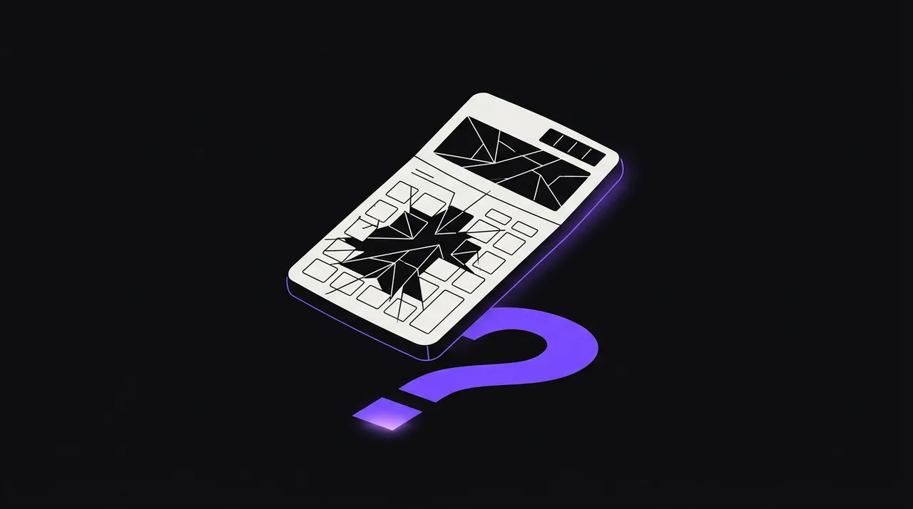 calculator with cracked glass casting a violet shadow shaped like a question mark