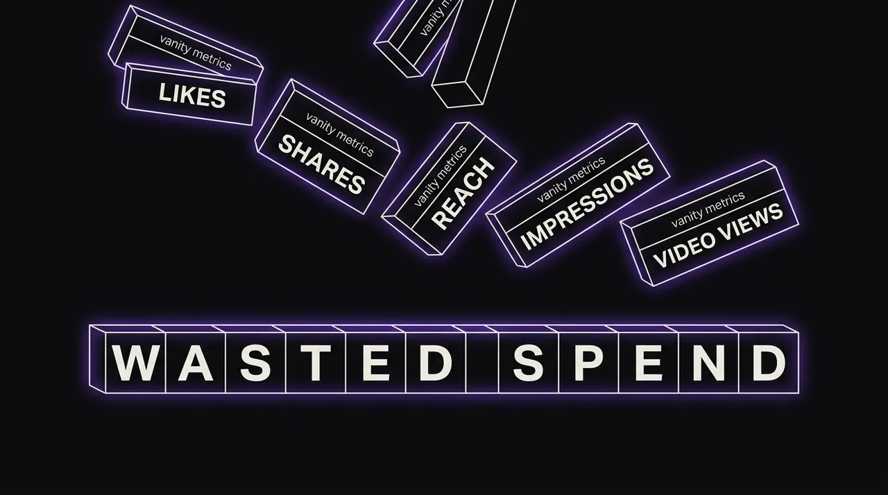 equation blocks rearranging from vanity metrics into one honest row labeled wasted spend