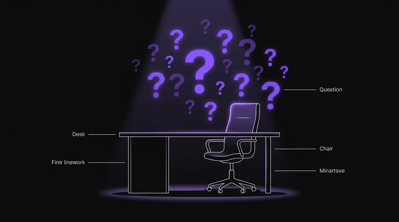 spotlight on an empty chair across a desk, violet question marks hovering