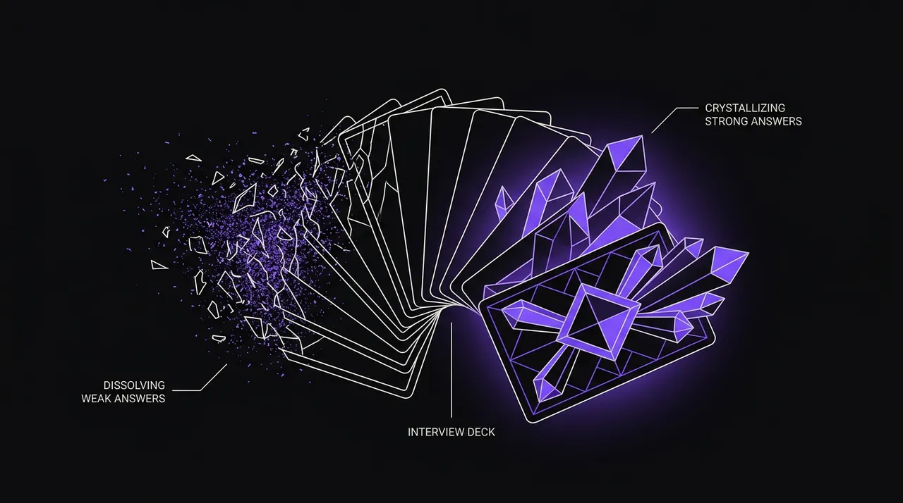 interview card deck fanning out, weak answers dissolving, strong answers crystallizing