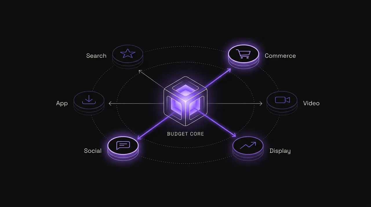 constellation of platform icons orbiting a central budget core, violet links to two of the