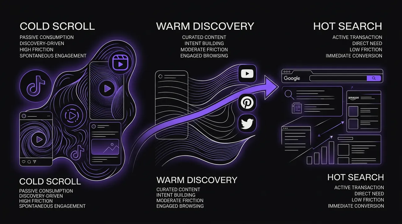 map of platforms sorted by intent temperature from cold scroll to hot search