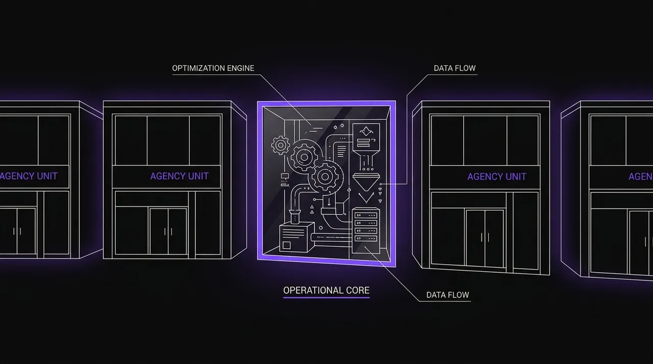 lineup of identical agency storefronts, one with a transparent wall showing the machinery