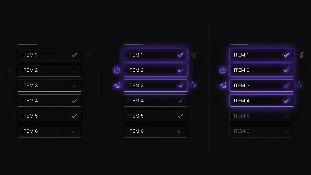 due diligence checklist with each row lighting up violet in sequence