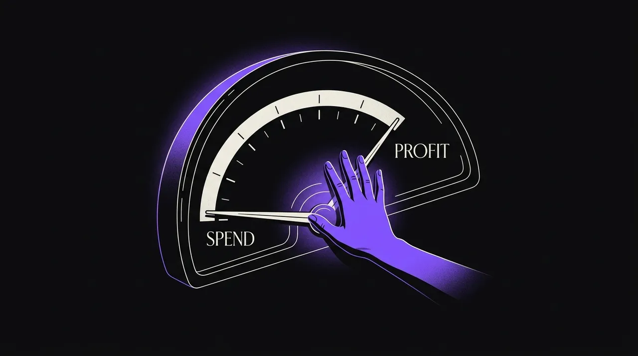 meter needle stuck at 'spend' being pushed by a violet hand toward 'profit'