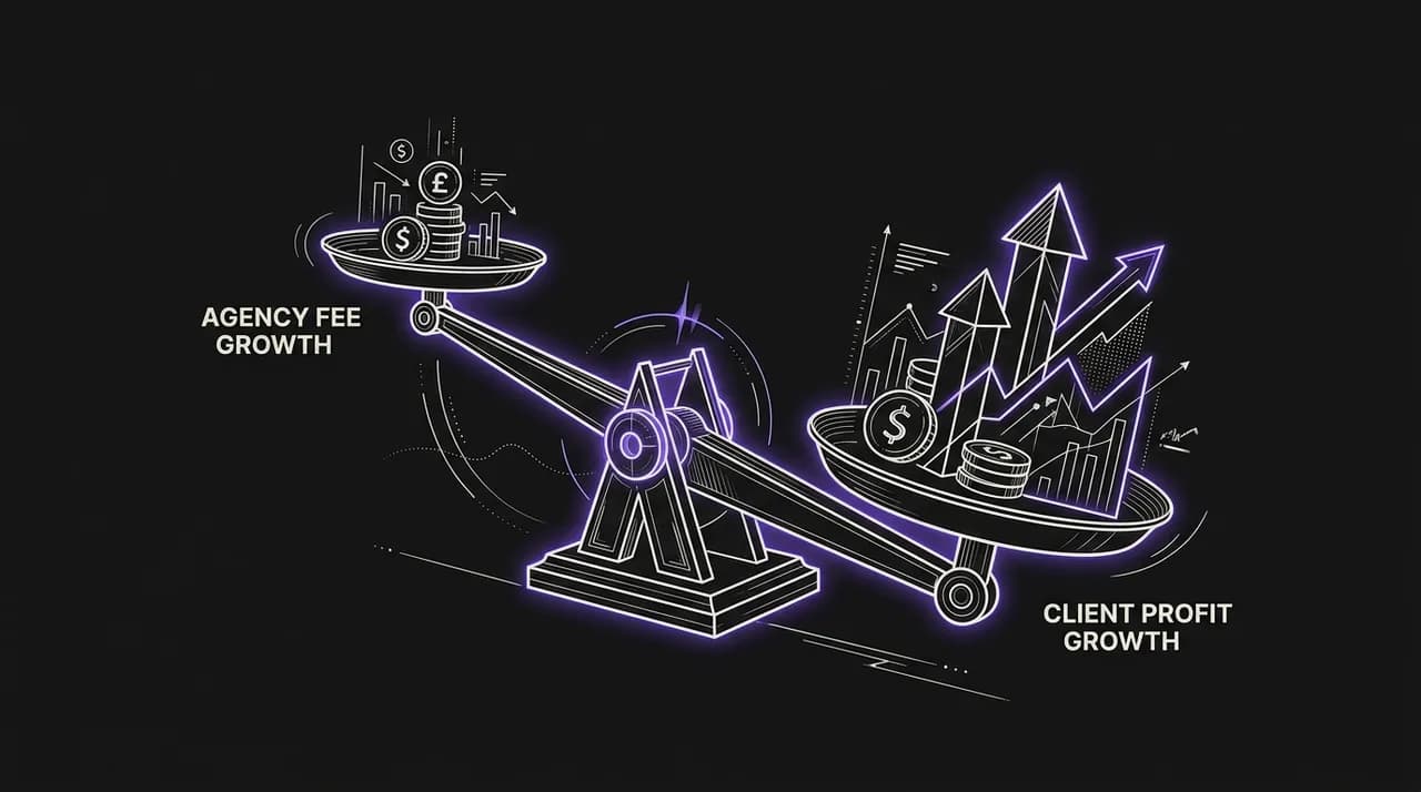 balance scale tipping from agency fee growth to client profit growth