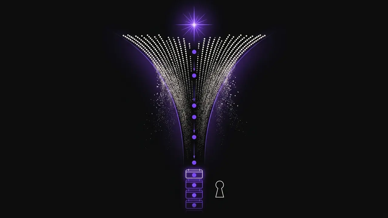 lead dots leaking through a funnel while solid violet showings lock into a booking calendar
