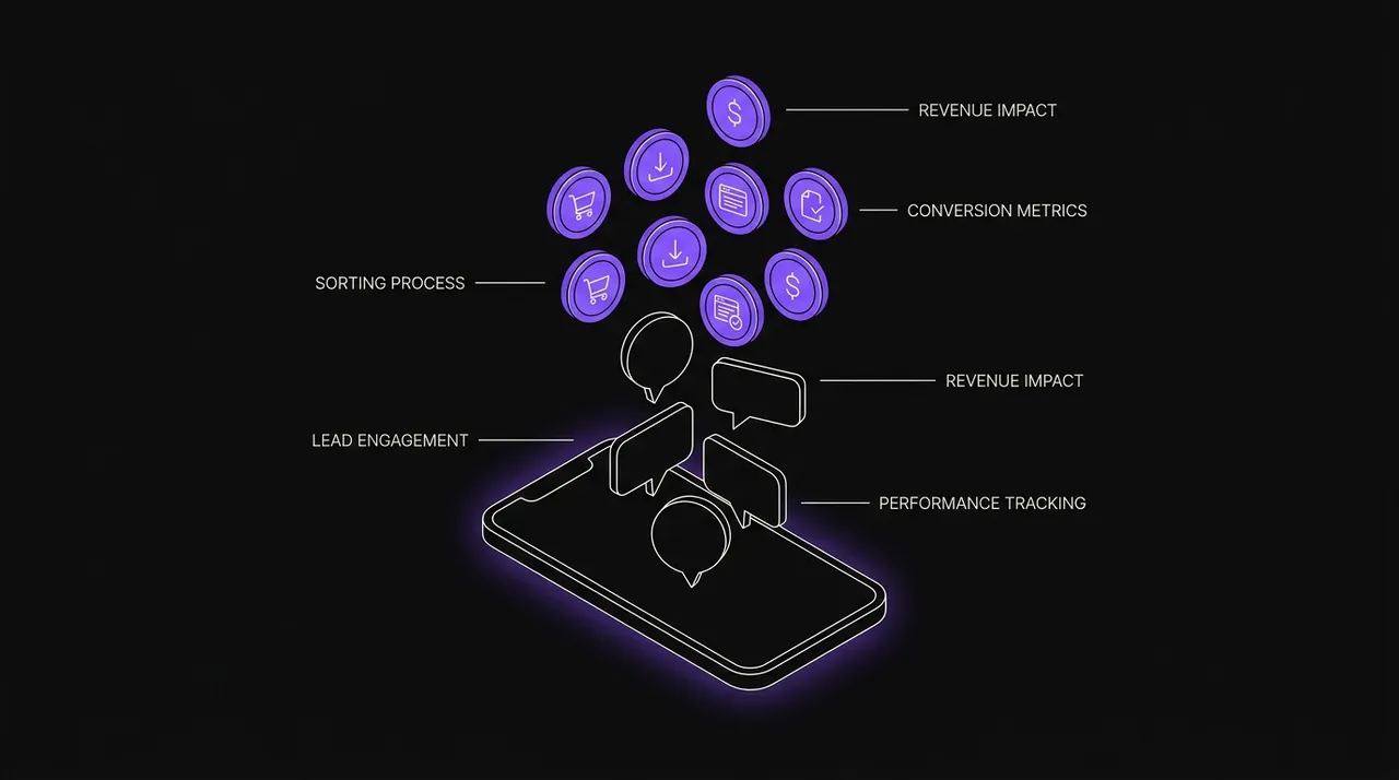 speech bubbles rising from a phone outline and sorting into violet conversion coins
