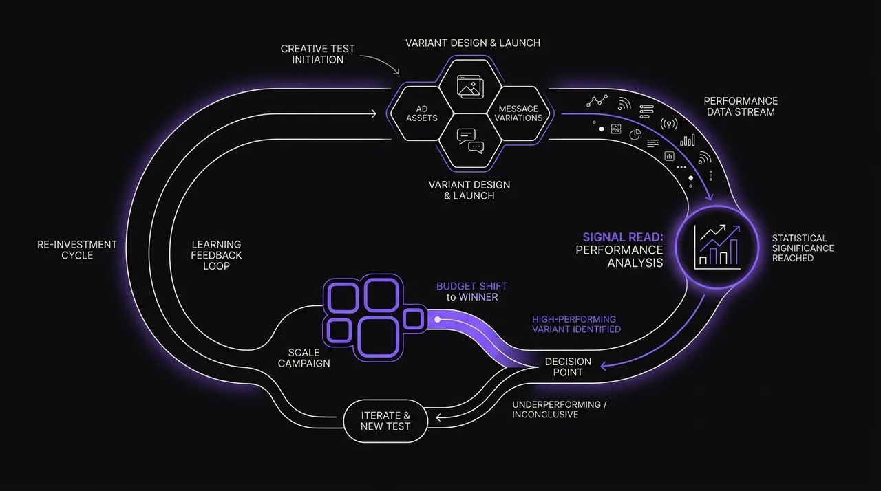 loop diagram of creative test to signal read to budget shift and back