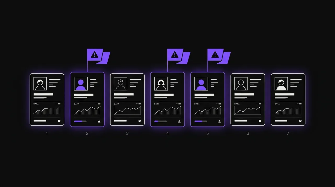row of profile cards with violet warning flags sprouting from three