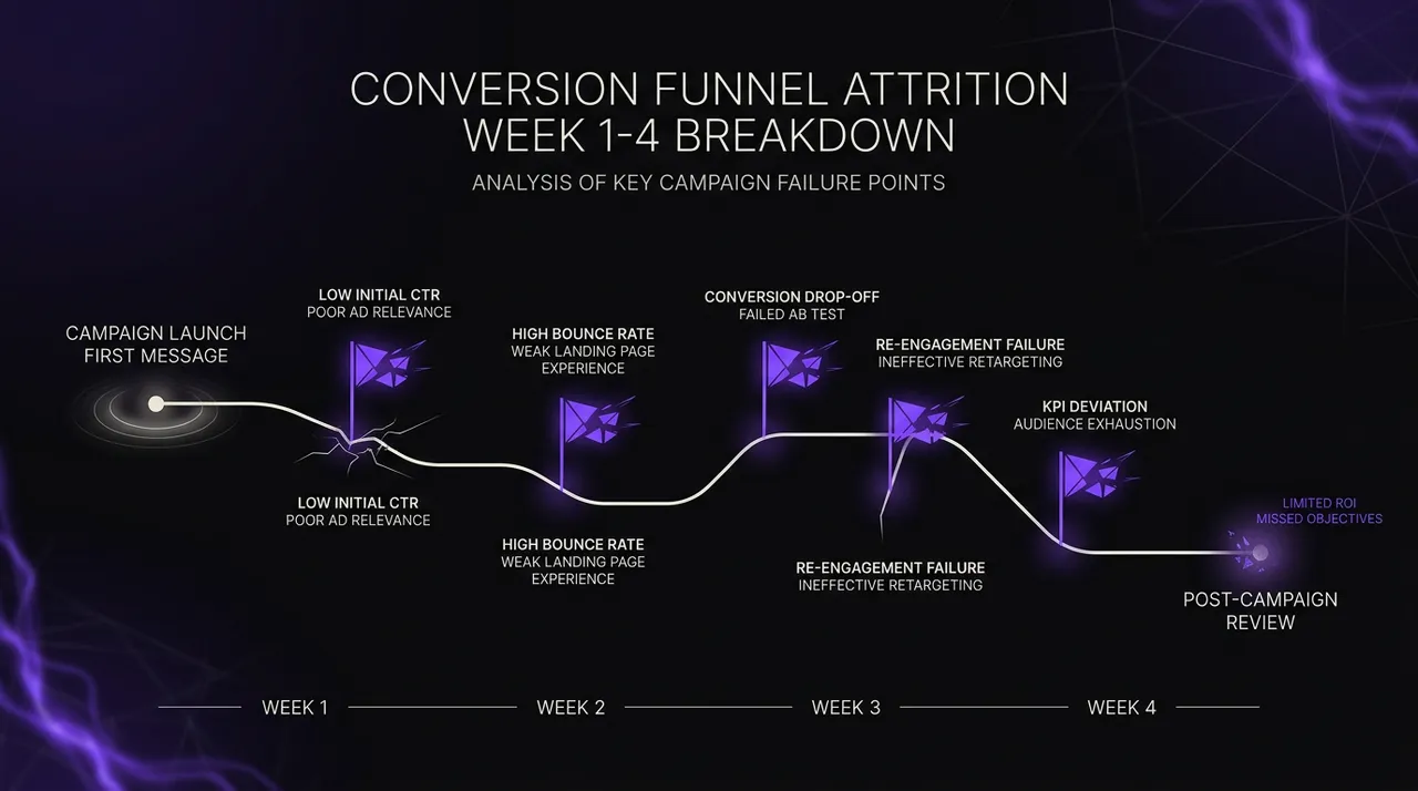 timeline from first message to week four with flag markers at each failure point