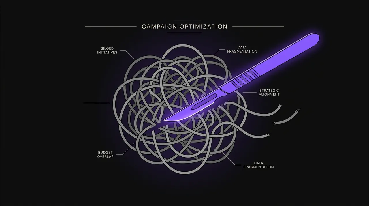 violet scalpel cutting through a knot of gray campaigns
