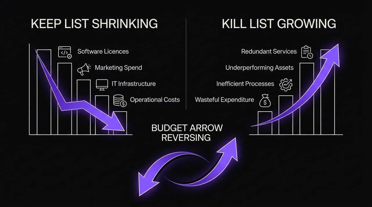 two columns: keep list shrinking, kill list growing, budget arrow reversing